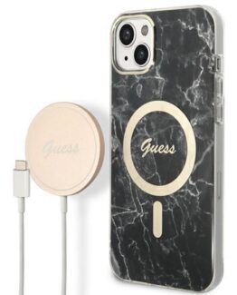 GUESS iPhone 14 Magsafe Skal Marble + Trådlös Laddare - Svart