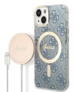 GUESS iPhone 14 Magsafe Skal Print + Trådlös Laddare - Blå