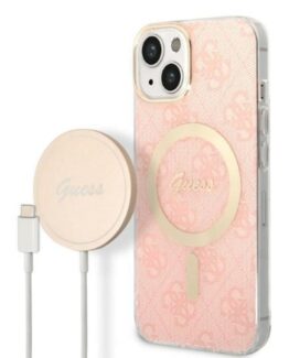 GUESS iPhone 14 Magsafe Skal Print + Trådlös Laddare - Rosa