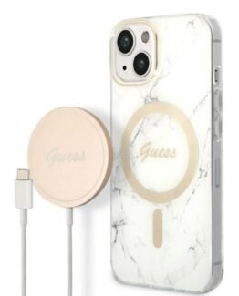 GUESS iPhone 14 Plus Magsafe Skal Marble + Trådlös Laddare - Vit