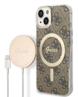 GUESS iPhone 14 Plus Magsafe Skal Print + Trådlös Laddare - Brun