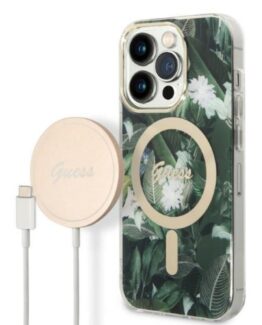 GUESS iPhone 14 Pro Magsafe Skal Jungle + Trådlös Laddare - Grön