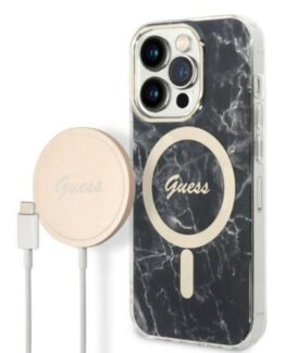 GUESS iPhone 14 Pro Magsafe Skal Marble + Trådlös Laddare - Svart