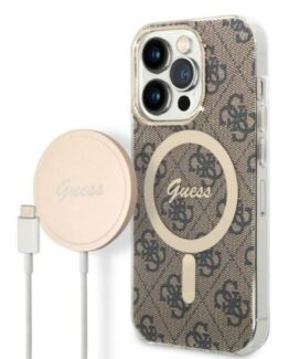 GUESS iPhone 14 Pro Magsafe Skal Print + Trådlös Laddare - Brun