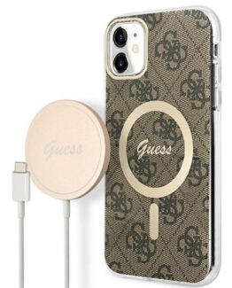 Guess iPhone 11 Magsafe Skal Print + Trådlös Laddare - Brun